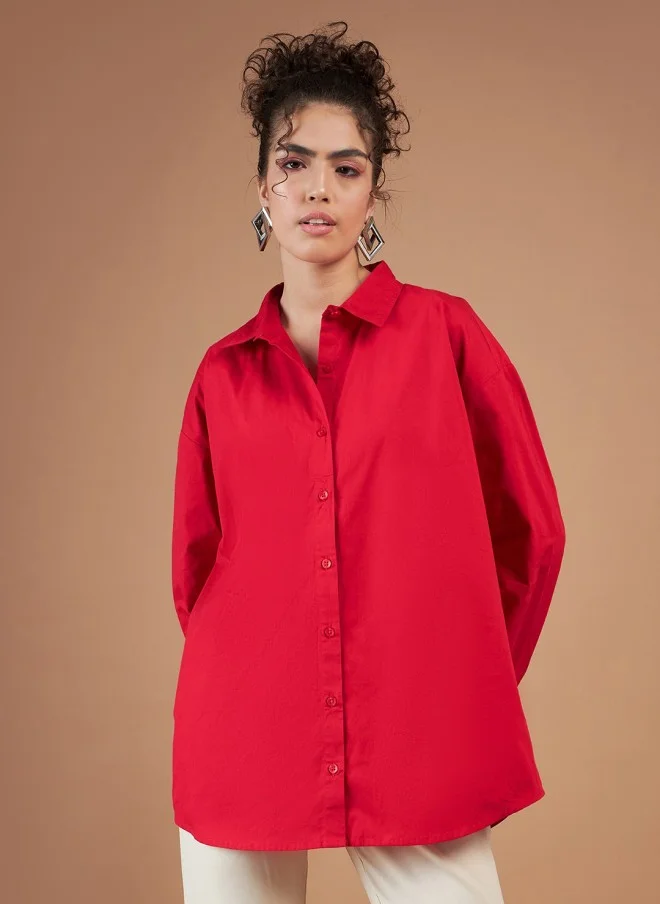 SASSAFRAS Red Oversized Cotton Casual Shirt for Women