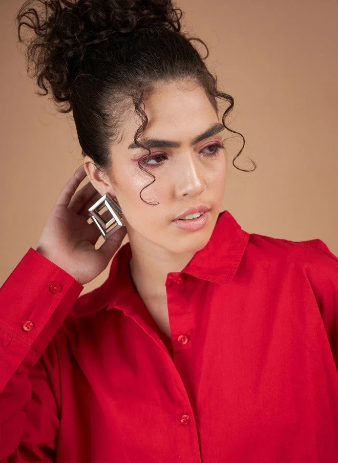 ساسافراس قميص قطني فضفاض نسائي كاجوال أحمر