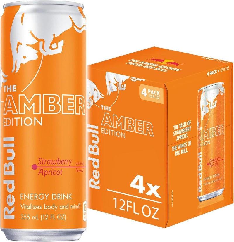 Red Bull ريد بول أمبر إديشن مشروب الطاقة، نكهة الفراولة والمشمش، 12 أونصة سائلة، عبوة من 4 علب - Image 1