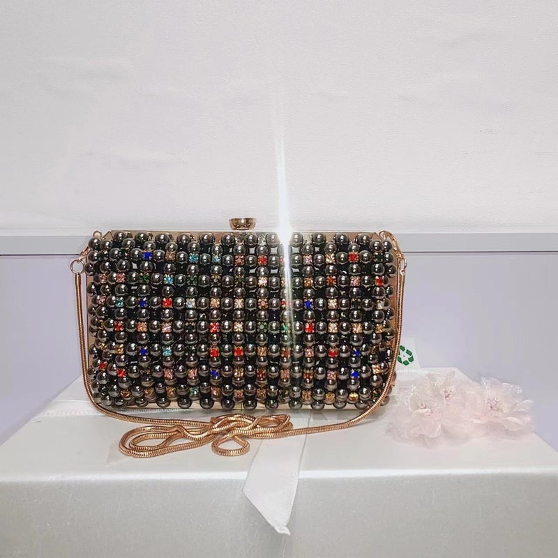 Pure Handmade String Pearl Gem Colored Diamond Sewing Hand-Held Crossbody Women'S Bag Evening Bag High-End Shiny Dress Women'S - Image 1