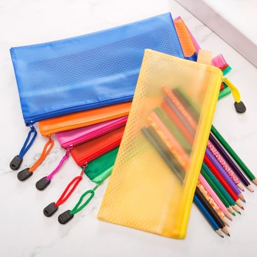 Bememo 12 Pcs Mesh Zipper Pouch Bags Pencil Pouch Zipper File Bags Waterproof Plastic Double Layer for Pen Cosmetics Office Supplies Travel Accessories 6 Colors - Image 5