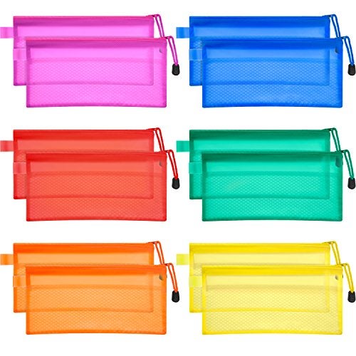 Bememo 12 Pcs Mesh Zipper Pouch Bags Pencil Pouch Zipper File Bags Waterproof Plastic Double Layer for Pen Cosmetics Office Supplies Travel Accessories 6 Colors - Image 1