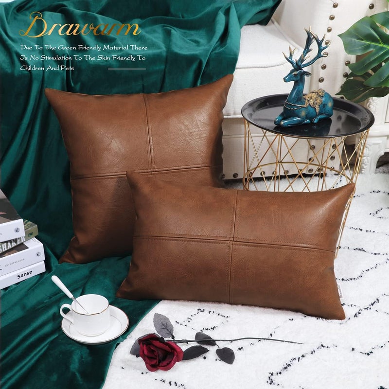 BRAWARM Faux Leather Throw Pillow Covers 22 X 22 Inches, Brown Leather Pillow Cover, Hand Stitched Leather Decorative Pillow Cover for Couch Sofa Bed Living Room Home Garden - Image 4
