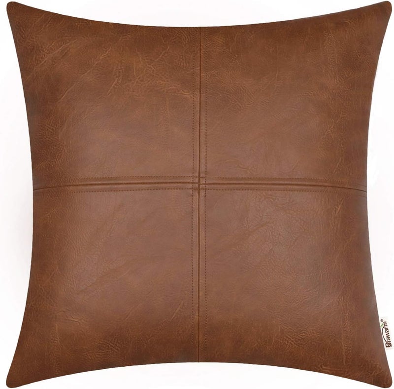 BRAWARM Faux Leather Throw Pillow Covers 22 X 22 Inches, Brown Leather Pillow Cover, Hand Stitched Leather Decorative Pillow Cover for Couch Sofa Bed Living Room Home Garden - Image 1
