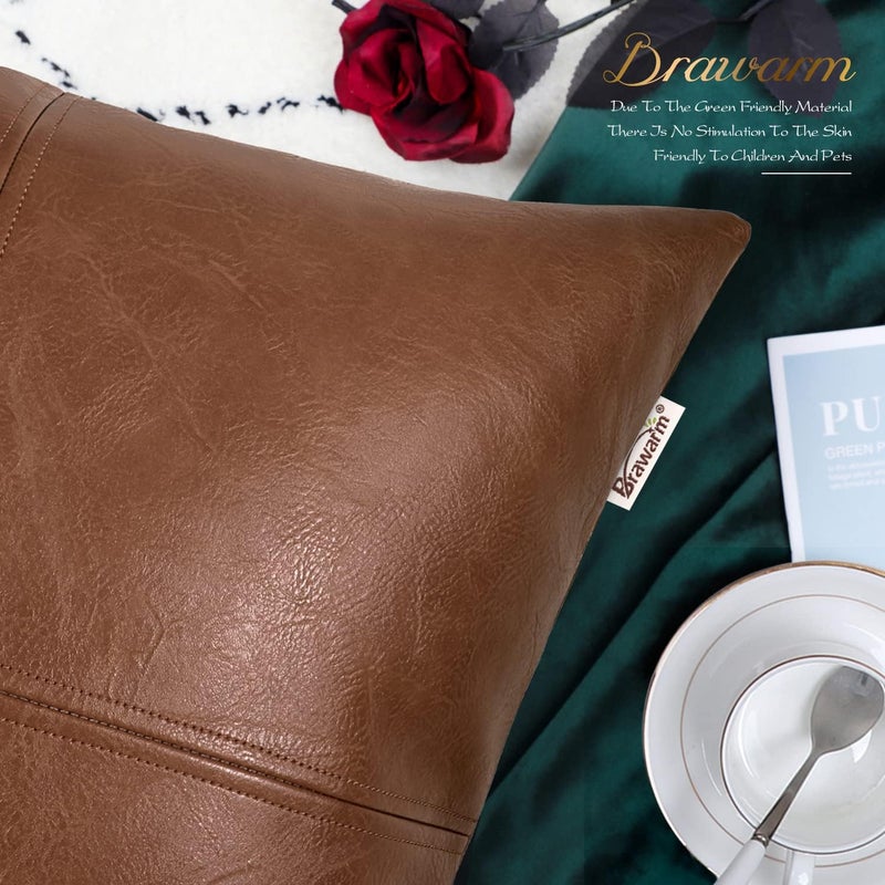 BRAWARM Faux Leather Throw Pillow Covers 22 X 22 Inches, Brown Leather Pillow Cover, Hand Stitched Leather Decorative Pillow Cover for Couch Sofa Bed Living Room Home Garden - Image 5