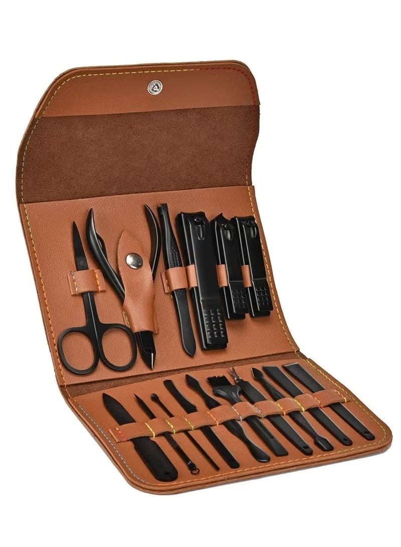 ORiTi Manicure Set, Professional Stainless Steel Pedicure Nail Clipper Tools Kit with PU Leather Folding Case，Women Men Nail Scissors Nail Cutter Set，16 In 1 Travel Grooming Care Tool Kits  - Image 1