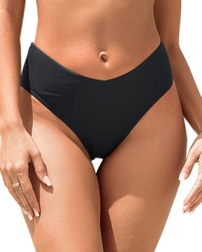Zmart Women V Cut Cheeky Bikini Bottoms - Mid Waist High Cut Swim Bathing Suit Bottoms V Front Swimsuit Black M - Image 1