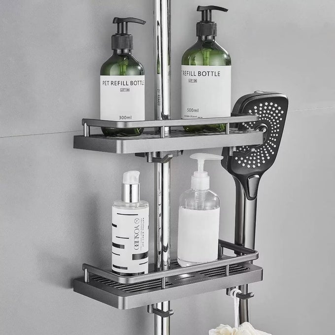 SHOWER CADDY NO DRILLING HANGING SHOWER SHELVES SHOWER ACCESSORIES HOLDERS WITH 2 HOOKS AND SHOWER HEAD HOOK FOR SUIT 21MM25MM RAIL 2 PACK GREY GRAY