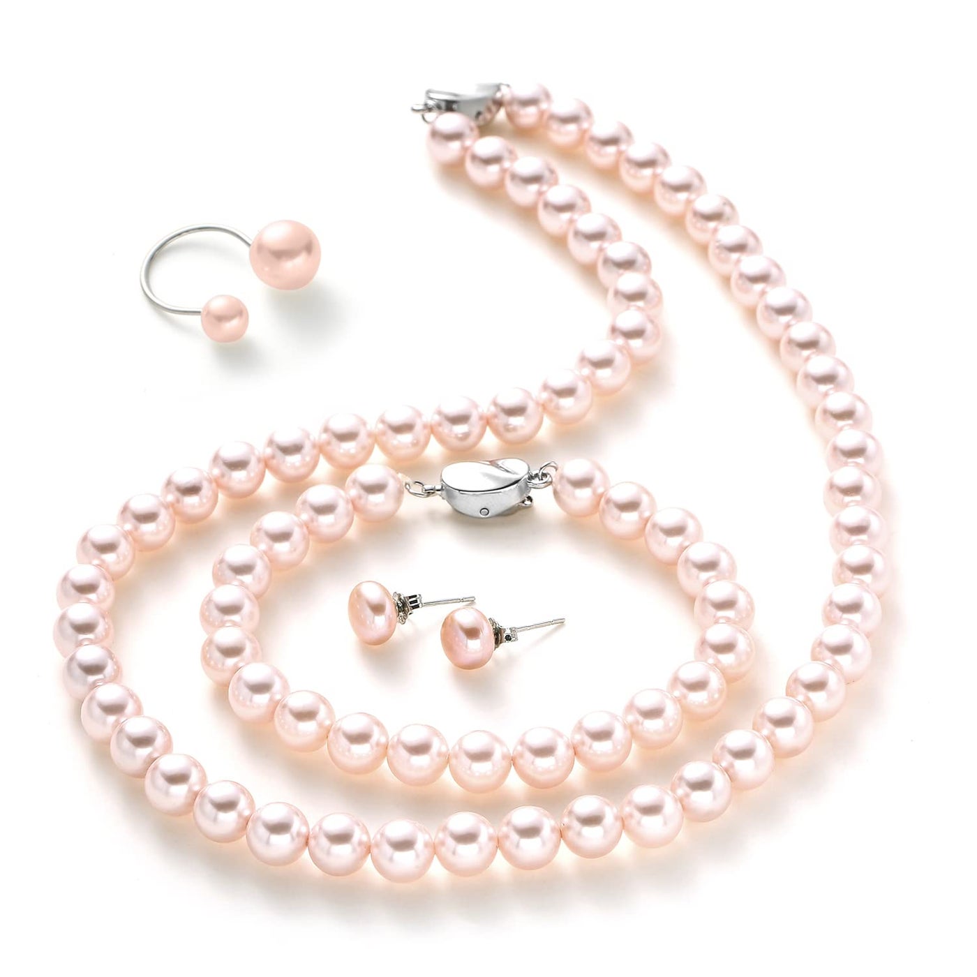 Pearl Necklace Jewelry Set for Women,Complete Set of Pearl Jewelry Includes Necklace Bracelet Earrings, Fashion Pearl Jewelry with Box for Wife Mom Sister Bride Bridesmaid (Pink Pearl Jewelry_4 Set)
