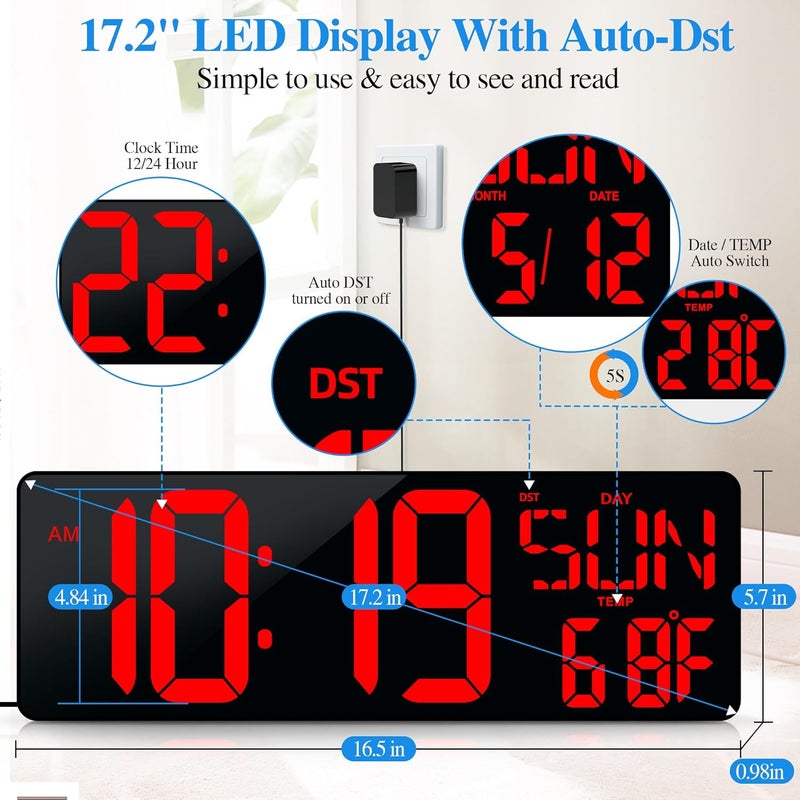 CYMHCHL ساعة حائط رقمية كبيرة مع جهاز تحكم عن بعد 172 LED عرض كبير مؤقت مع درجة حرارة وتاريخ وأسبوع وضبط تلقائي للساعة الصيفية سطوع قابل للتعديل ساعة منبه كبيرة للحجرة المكتب المرآب الصالة الرياضية لكبار السن - Image 3