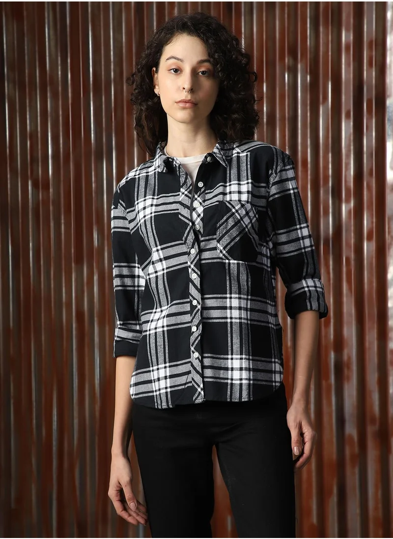 هاي ستار Women's Multicoloured 100% Cotton Checkered Button Down Shirt