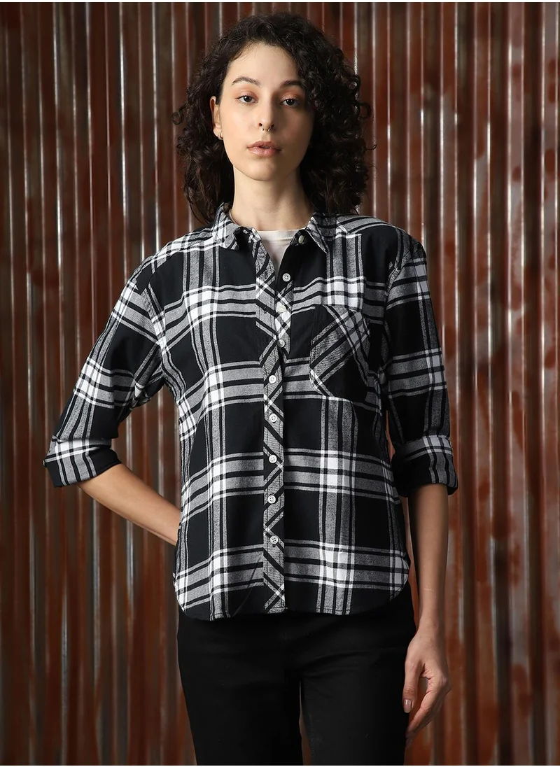 هاي ستار Women's Multicoloured 100% Cotton Checkered Button Down Shirt