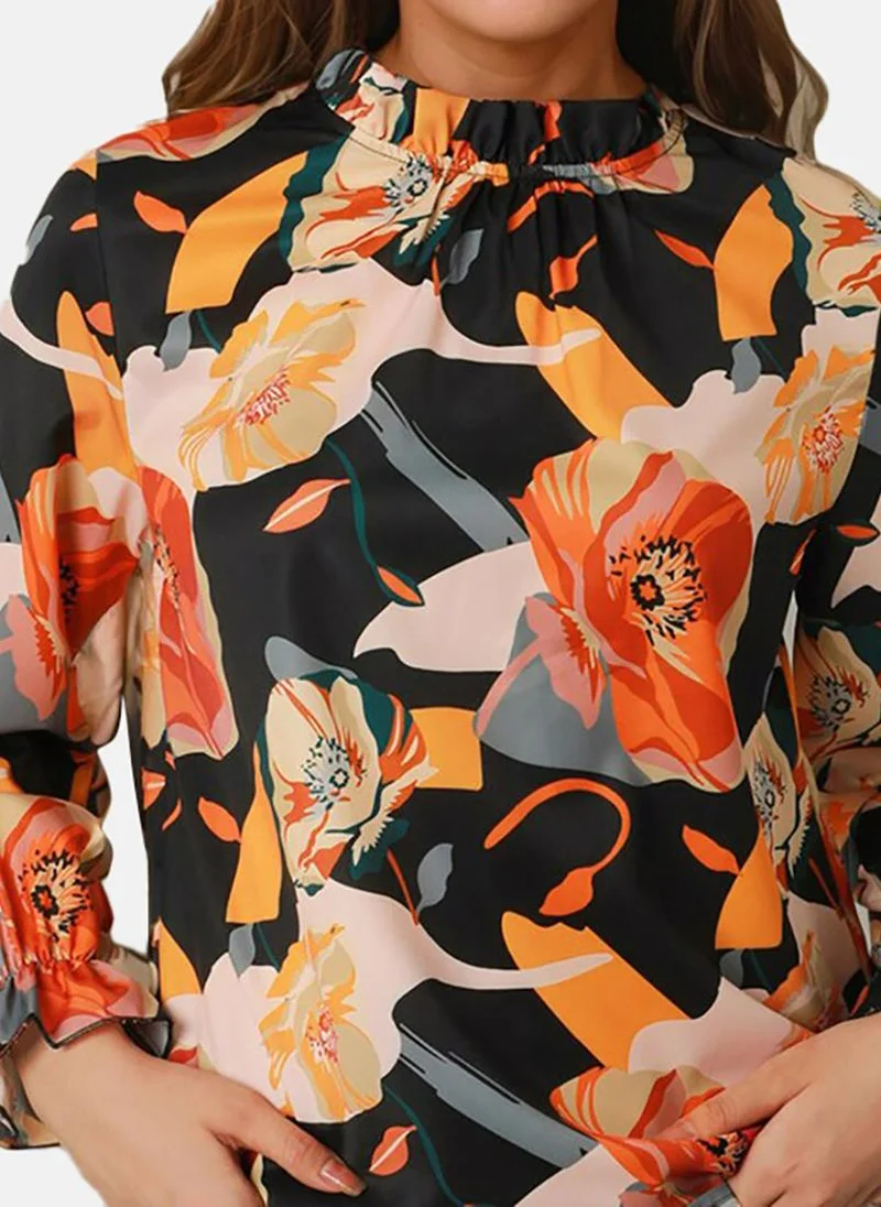 يونيكي Black Floral Long Sleeve Halter Neck Tunics