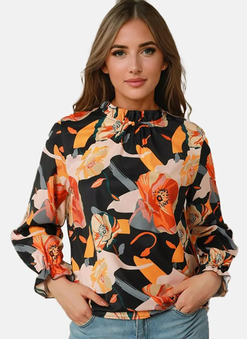 يونيكي Black Floral Long Sleeve Halter Neck Tunics