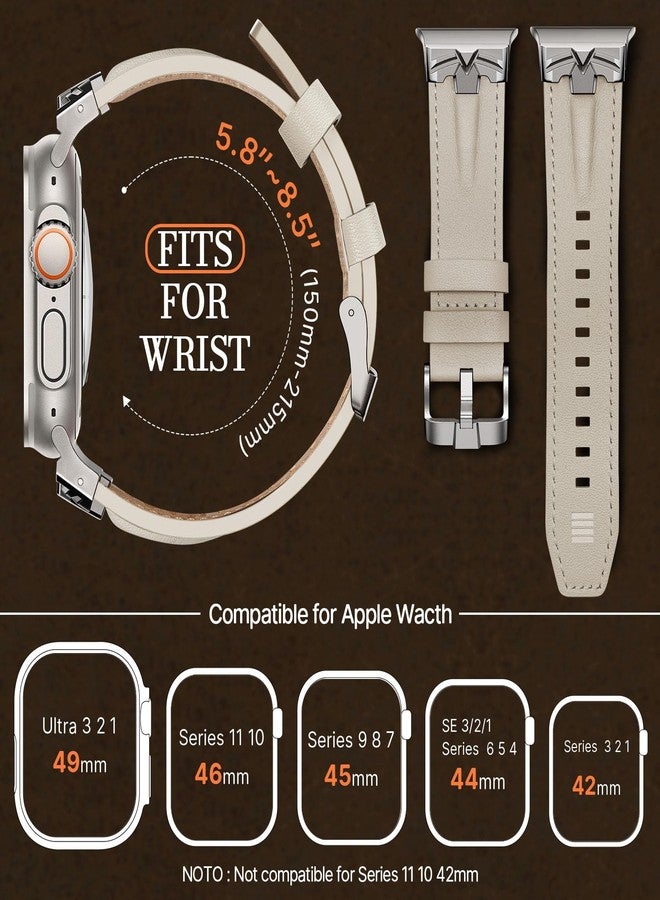 DABAOZA Compatible for Apple Watch Ultra 3 Band 49mm 46mm 45mm 44mm for Men Women, Genuine Leather Rugged Matel Connector Strap for iWatch Ultra 2 1 SE Series 11 10 9 8 7 6 5 4（Titanium/Off-White） - Image 3