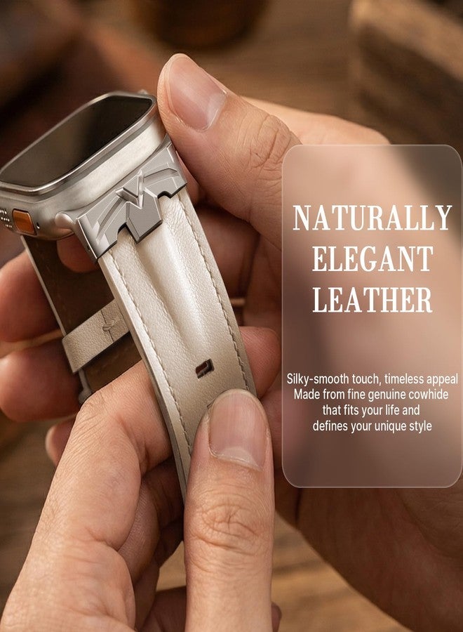 DABAOZA Compatible for Apple Watch Ultra 3 Band 49mm 46mm 45mm 44mm for Men Women, Genuine Leather Rugged Matel Connector Strap for iWatch Ultra 2 1 SE Series 11 10 9 8 7 6 5 4（Titanium/Off-White） - Image 5
