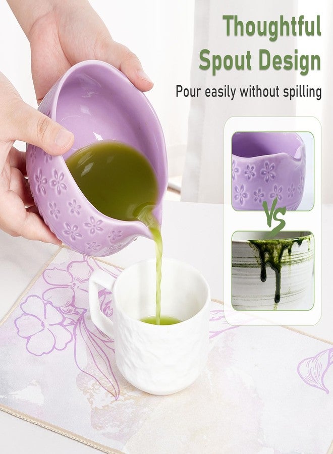 Feestars Matcha Whisk Set, Ceramic Cute Matcha Kit Set Includes Bowl (Chawan), Whisk and Holder, Bamboo Scoop, Scoop Rest, Sifter and Tea Towel, 7 Pcs Macha Making Tools, Gift for Women, Men (Purple) - Image 4