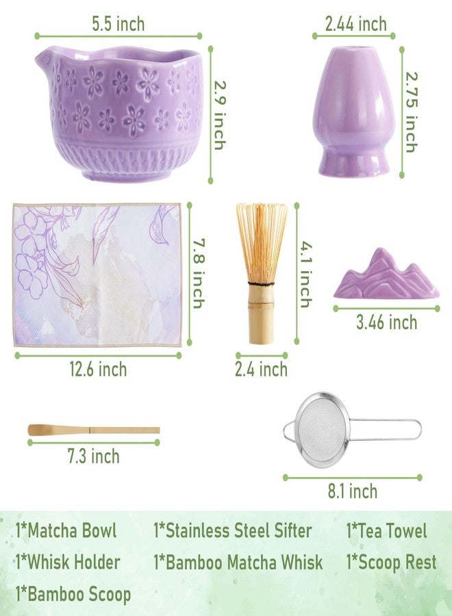 Feestars Matcha Whisk Set, Ceramic Cute Matcha Kit Set Includes Bowl (Chawan), Whisk and Holder, Bamboo Scoop, Scoop Rest, Sifter and Tea Towel, 7 Pcs Macha Making Tools, Gift for Women, Men (Purple) - Image 2