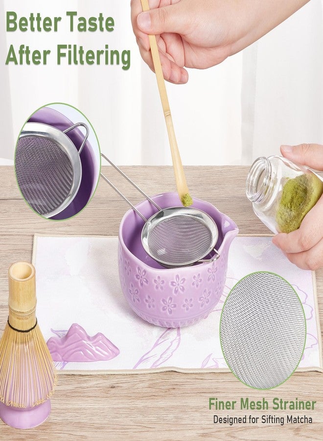 Feestars Matcha Whisk Set, Ceramic Cute Matcha Kit Set Includes Bowl (Chawan), Whisk and Holder, Bamboo Scoop, Scoop Rest, Sifter and Tea Towel, 7 Pcs Macha Making Tools, Gift for Women, Men (Purple) - Image 3