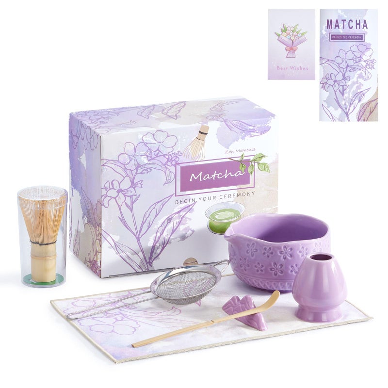 Feestars Matcha Whisk Set, Ceramic Cute Matcha Kit Set Includes Bowl (Chawan), Whisk and Holder, Bamboo Scoop, Scoop Rest, Sifter and Tea Towel, 7 Pcs Macha Making Tools, Gift for Women, Men (Purple) - Image 1