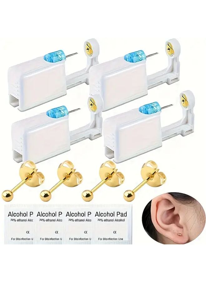 جهاز ثقب الأذن كامل - قطعتان - أداة ثقب الأذن disposable مع مناديل كحولية وأزرار ذهبية 3 مم - Image 1