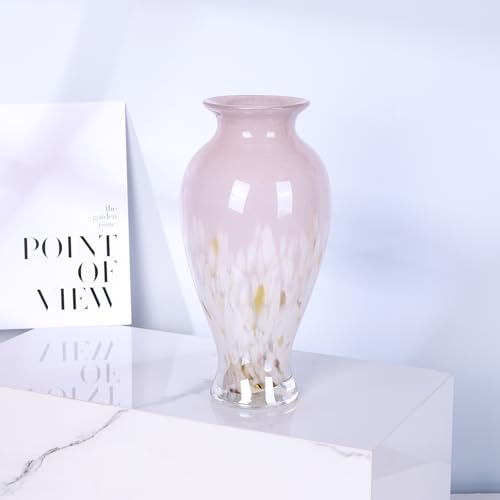 oliruim 11.8" Tall Pink White Blown Glass Vase, Colorful Opaque Glass Vase, Unique Design Wide Mouth Art Decoration for Home, Living Room, Dining Table, Pampas Grass Decor (Pink White) - Image 2