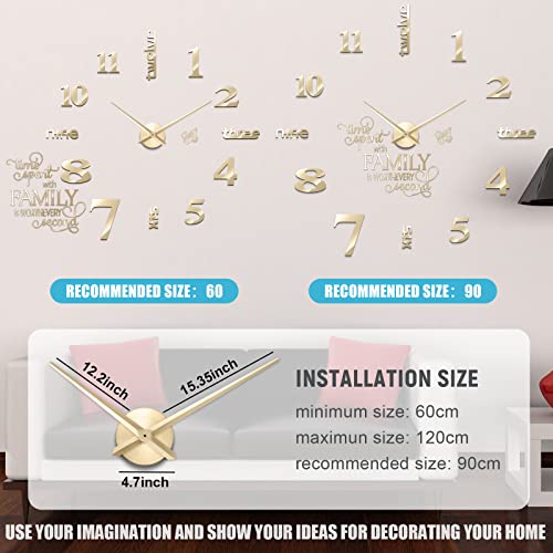Junkin 3D Large Frameless DIY Wall Clock Modern Decor Family Quote Wall Stickers Clock Kit for Home Living Room Bedroom Office Decorations Adjustable Size(Gold) - Image 5