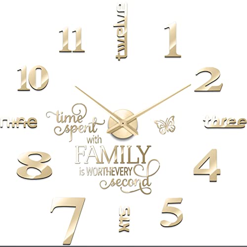 Junkin 3D Large Frameless DIY Wall Clock Modern Decor Family Quote Wall Stickers Clock Kit for Home Living Room Bedroom Office Decorations Adjustable Size(Gold) - Image 1