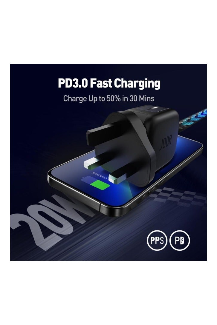 جودا بكج شاحن جداري جودا JODA اثنين في واحد شاحن جداري بقوة 20 واط بي دي + سلك تايب سي الى تايب سي بقوة 60 واط اسود - Image 3