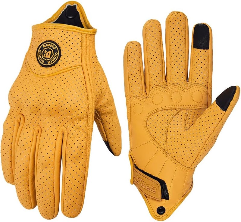 mjmoto Yellow Classic Goat Leather Motorcycle Gloves with Hole for Summer Cycling and Riding - Image 1
