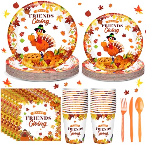 Romooa 168 Pcs Thanksgiving Party Supplies Disoposable Friendsgiving Tableware Set Turkey Paper Plates and Pumpkin Leaf Cups and Napkins for Fall Thanksgiving Friendsgiving Party Decorations - Image 1