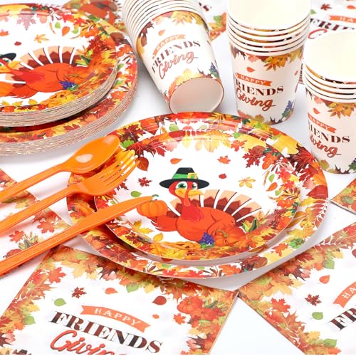 Romooa 168 Pcs Thanksgiving Party Supplies Disoposable Friendsgiving Tableware Set Turkey Paper Plates and Pumpkin Leaf Cups and Napkins for Fall Thanksgiving Friendsgiving Party Decorations - Image 5