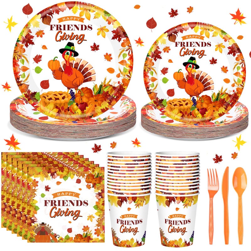 Romooa 168 Pcs Thanksgiving Party Supplies Disoposable Friendsgiving Tableware Set Turkey Paper Plates and Pumpkin Leaf Cups and Napkins for Fall Thanksgiving Friendsgiving Party Decorations - Image 2