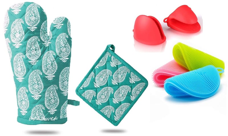 BONDWET Cotton Padded Oven Gloves Heat Proof MultiColor Set of Silicone Microwave Oven Heat Resistant Pinch Grip Mitten Silicone Washing Sponge for Kitchen Set of 1 Combo - Image 1