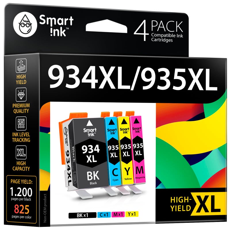 Smart Ink Compatible Ink Cartridge Replacement for HP 934 XL 935XL 934XL 935 High Yield 4 Combo Pack (Black & C/M/Y) to use with Officejet 6220 6812 6815 6820 Officejet Pro 6230 6830 6835 Printers - Image 1