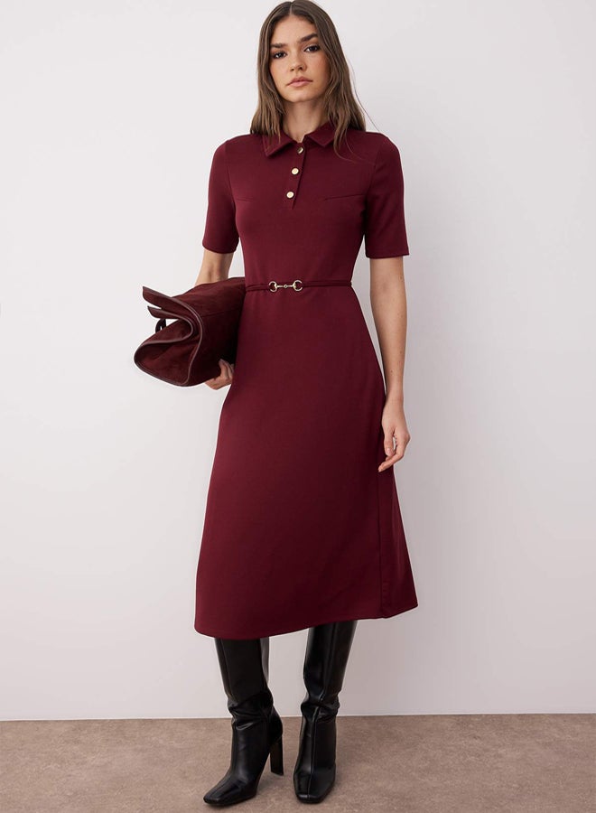 trendyol Burgundy Belted Three Quarter Sleeve a Line/Flared Plain Midi Knitted Dress - Image 1