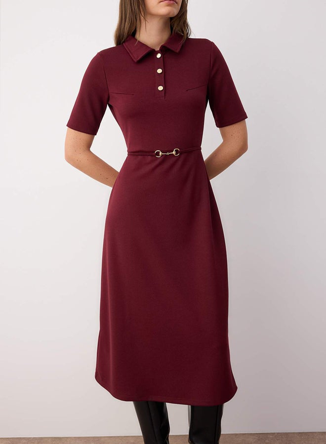 trendyol Burgundy Belted Three Quarter Sleeve a Line/Flared Plain Midi Knitted Dress - Image 3