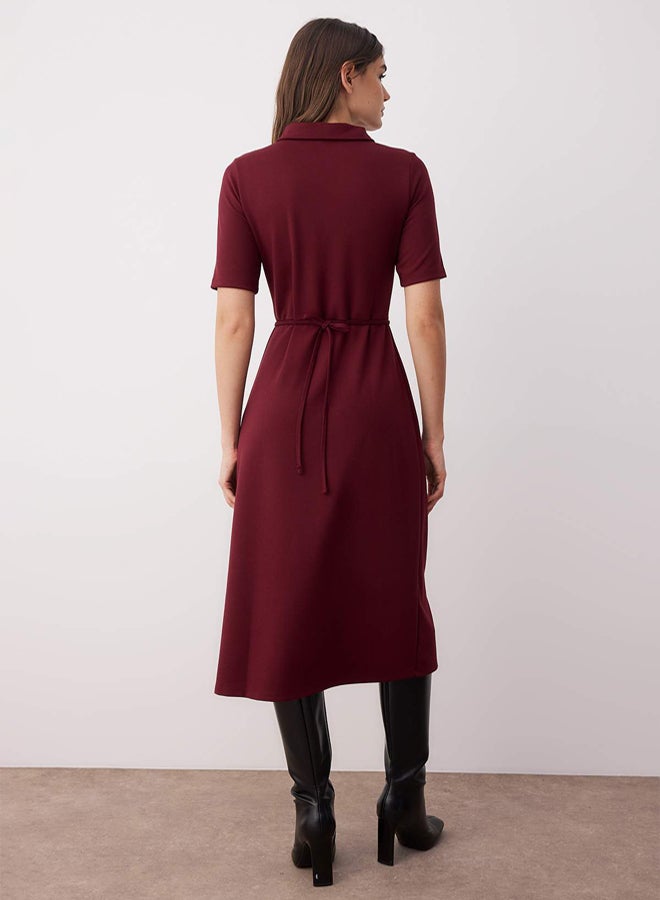 trendyol Burgundy Belted Three Quarter Sleeve a Line/Flared Plain Midi Knitted Dress - Image 4