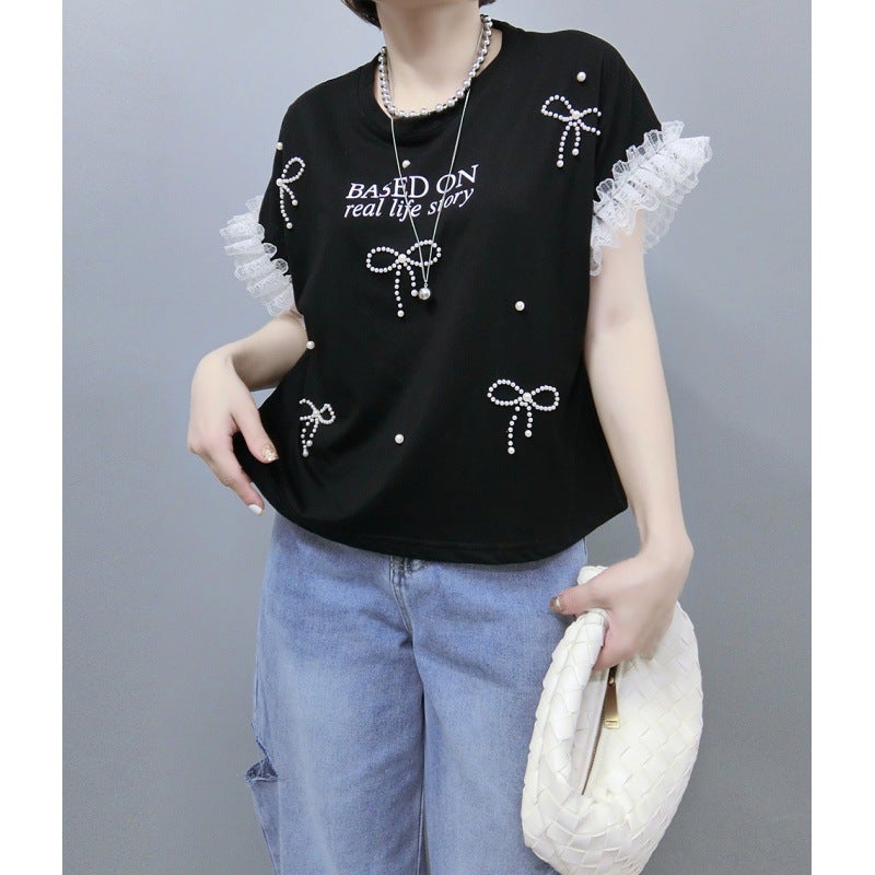 Multiplication South Korea 2024 Summer Lace Edge Pearl Bow Pearl Round Neck T-Shirt Bo0516 - Image 4