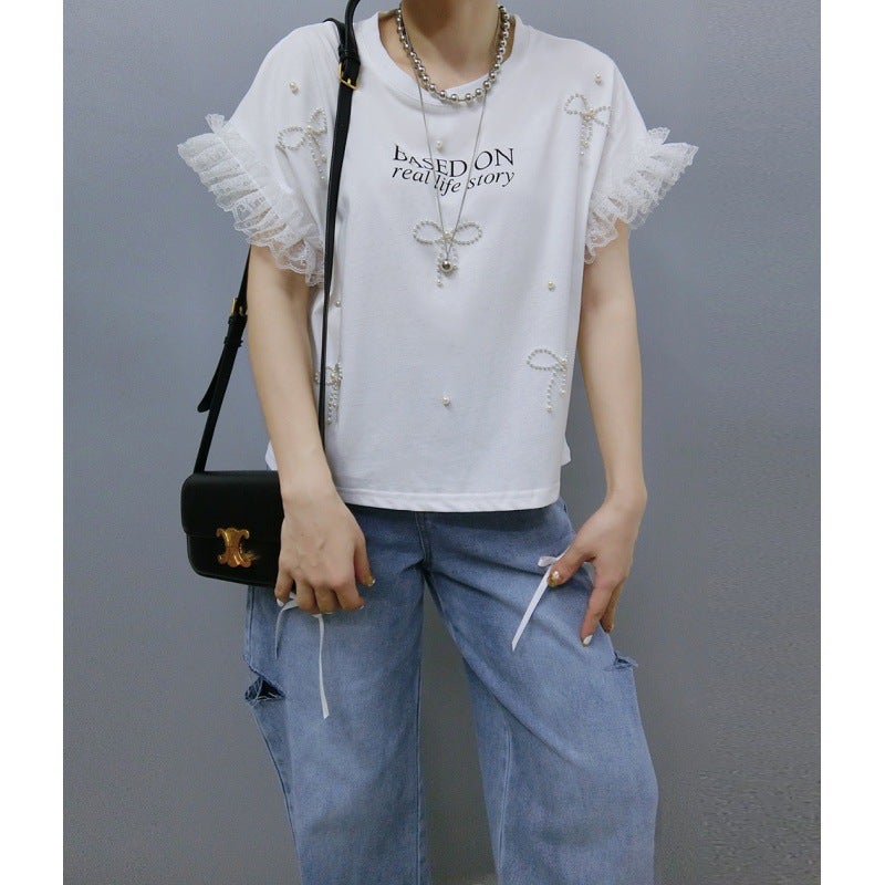 Multiplication South Korea 2024 Summer Lace Edge Pearl Bow Pearl Round Neck T-Shirt Bo0516 - Image 1