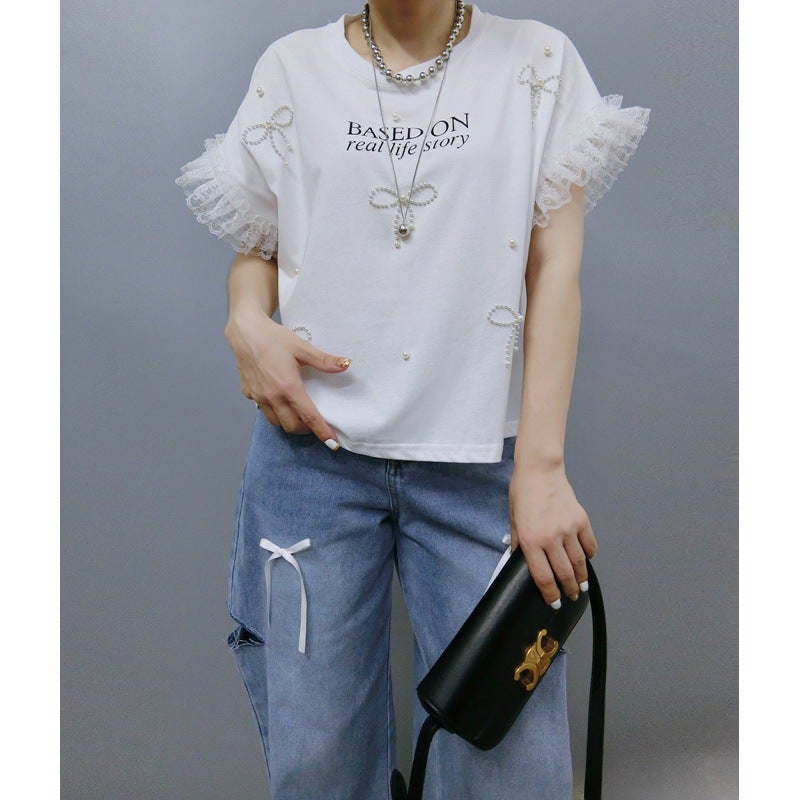 Multiplication South Korea 2024 Summer Lace Edge Pearl Bow Pearl Round Neck T-Shirt Bo0516 - Image 3