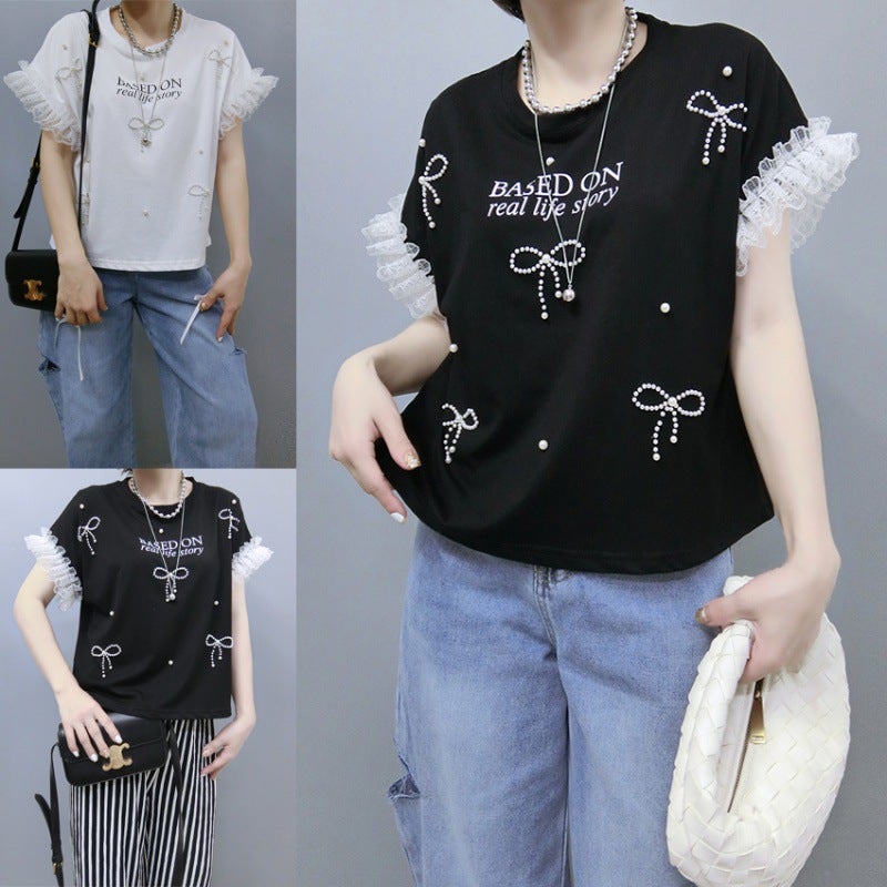 Multiplication South Korea 2024 Summer Lace Edge Pearl Bow Pearl Round Neck T-Shirt Bo0516 - Image 2