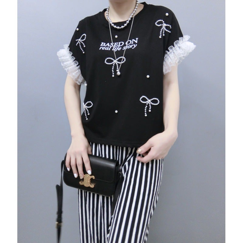Multiplication South Korea 2024 Summer Lace Edge Pearl Bow Pearl Round Neck T-Shirt Bo0516 - Image 5