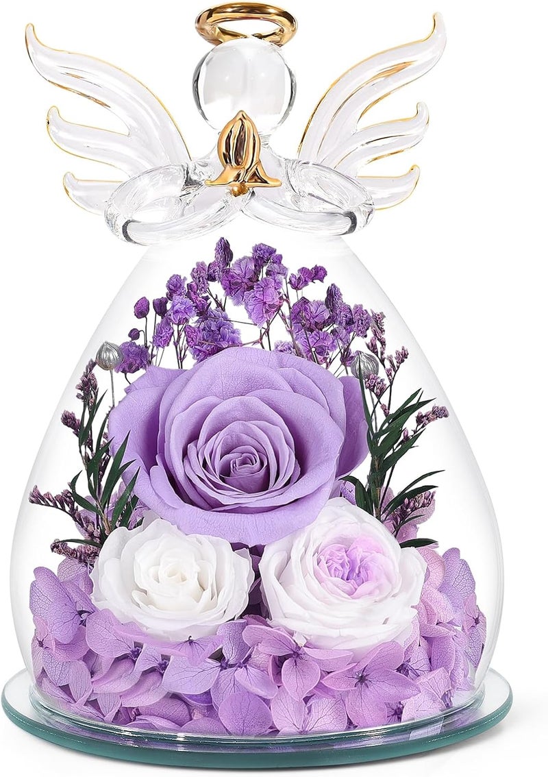 FIACO Gifts for Women Preserved Rose Forever Flower in Glass Angel Figurines Fresh Flowers for Delivery Prime Mothers Day Birthday Gifts for Mom Real Roses for Grandma Sister Wife Her from Daughter - Image 1