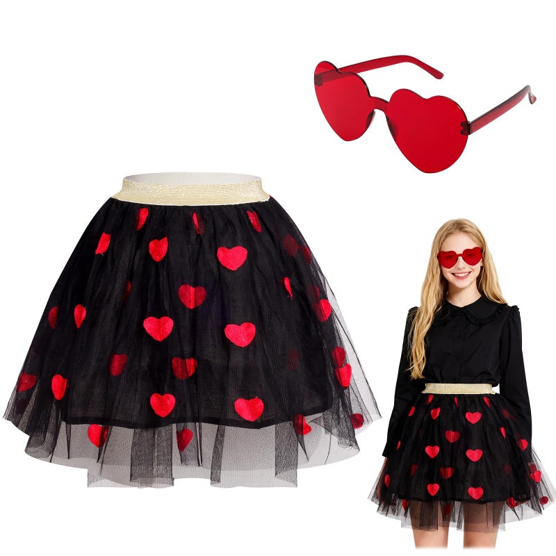 Heliltd Heart Tulle Skirt with Sunglasses Set for Girls White Black Heart Tulle Tutus Skirt with Lining for Valentine's Day(Black) - Image 1