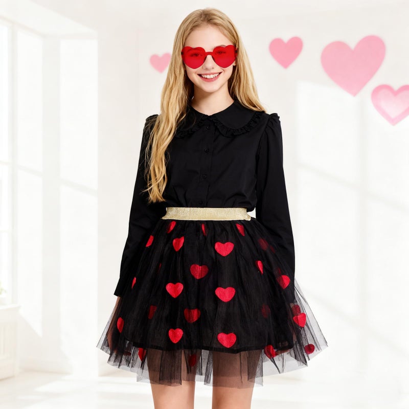 Heliltd Heart Tulle Skirt with Sunglasses Set for Girls White Black Heart Tulle Tutus Skirt with Lining for Valentine's Day(Black) - Image 3