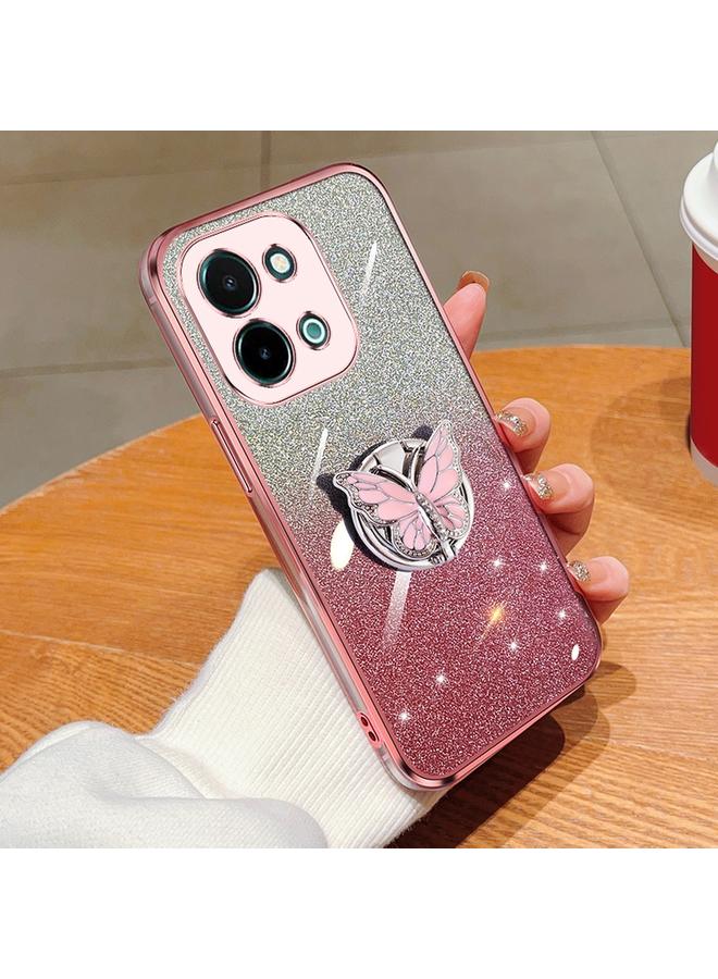 جراب هاتف TPU بحامل فراشة لامع متدرج اللون لهاتف vivo Y28 4G (وردي)