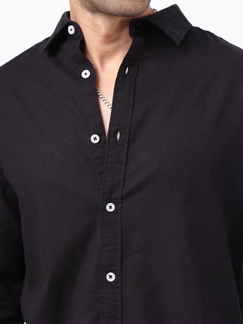 Maniac  Maniac Solid Mens Collared Neck Full Sleeve Cotton Linen Black Shirt for Men | Best Price UAE