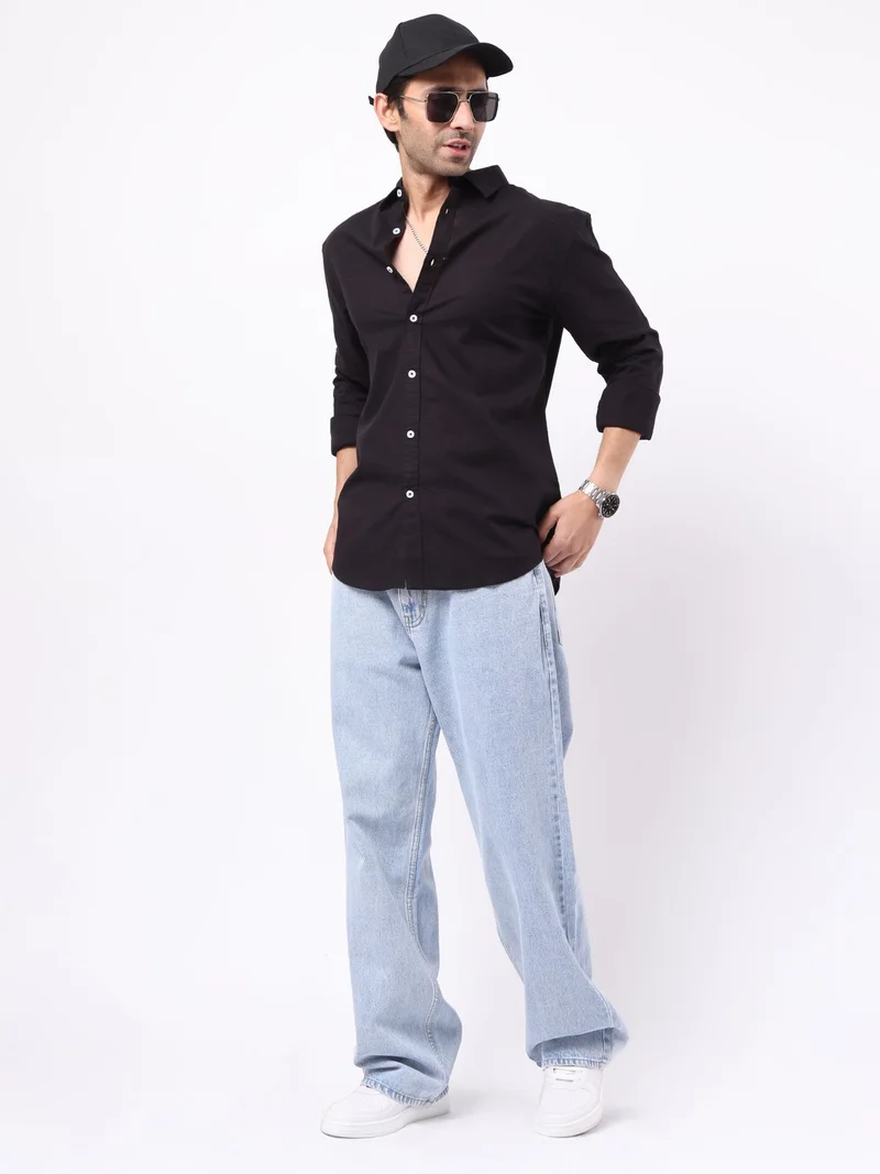 Maniac  Maniac Solid Mens Collared Neck Full Sleeve Cotton Linen Black Shirt for Men | Best Price UAE