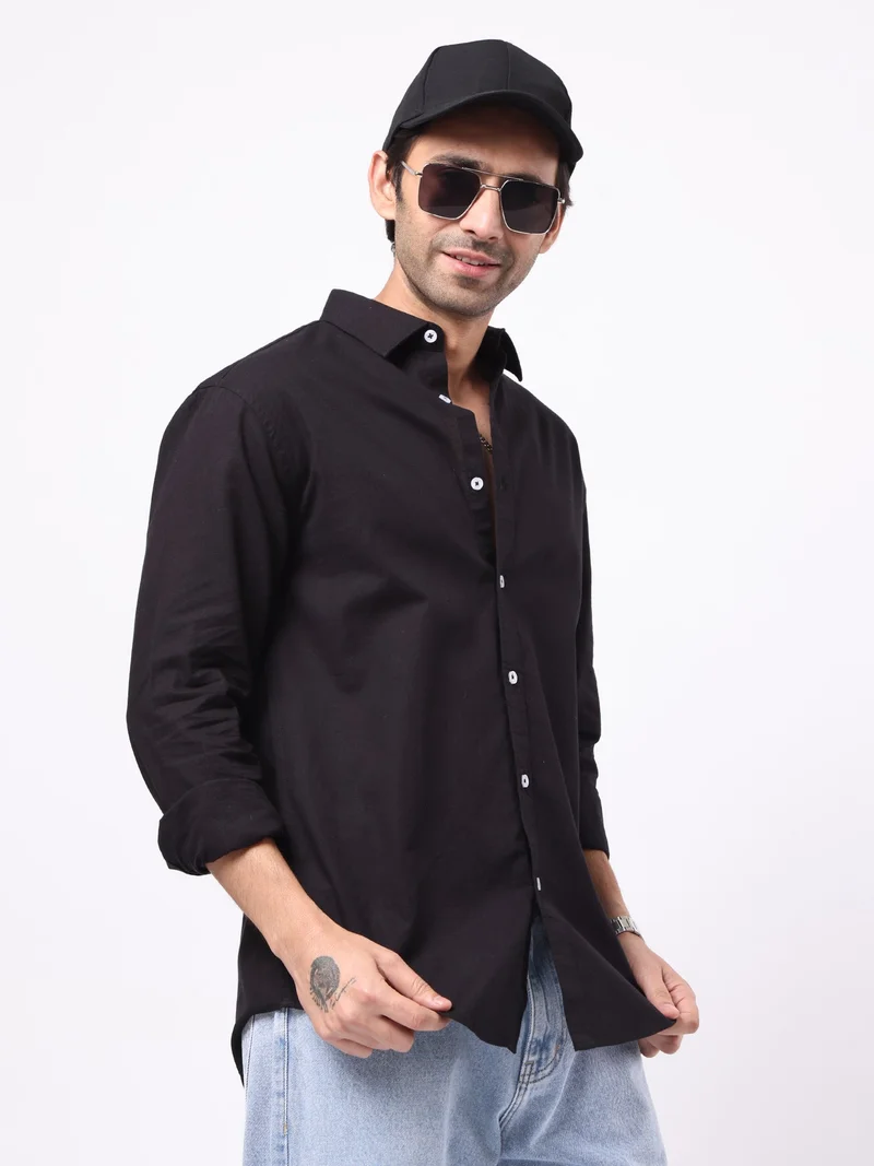 Maniac  Maniac Solid Mens Collared Neck Full Sleeve Cotton Linen Black Shirt for Men | Best Price UAE